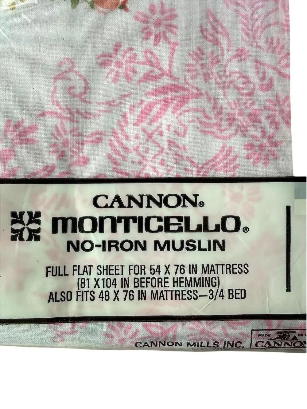 Vintage Cannon Monticello Two Full Flat Sheets Pillowcases Pink Roses Muslin NOS